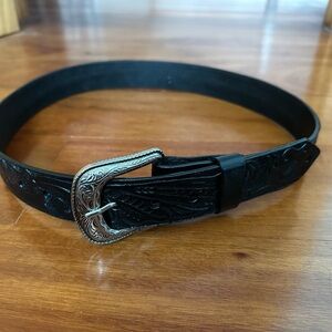 Western Black Leather Belt with Silver Buckle